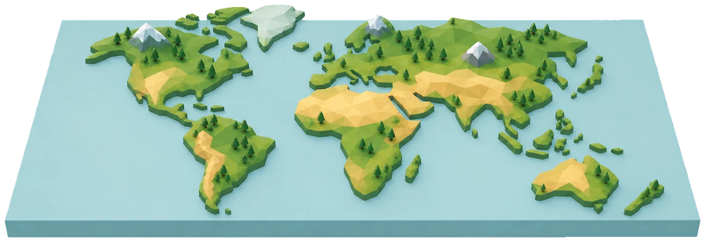 Low-poly world map with green continents on a blue sea