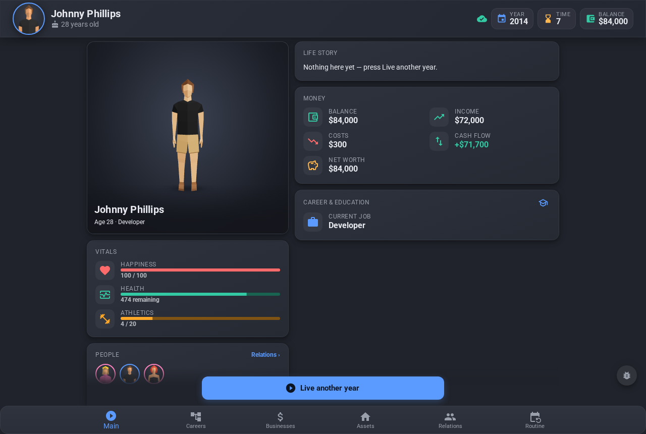 The 2026 main screen: 3D character, money dashboard, vitals