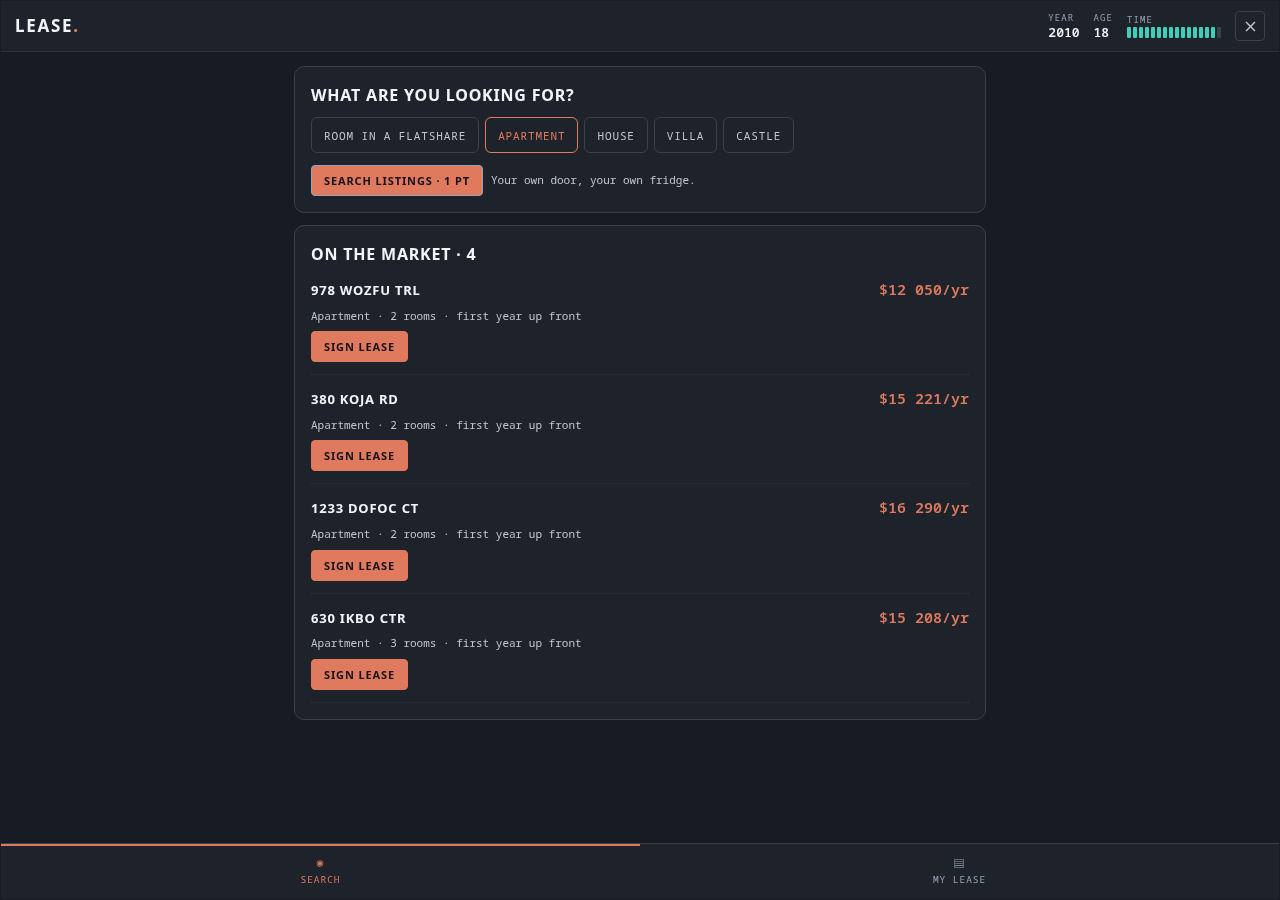 The Lease app — search a category, sign a lease