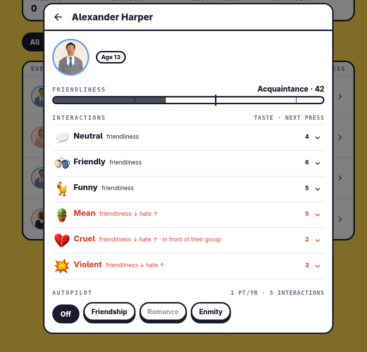 Relationship interactions page