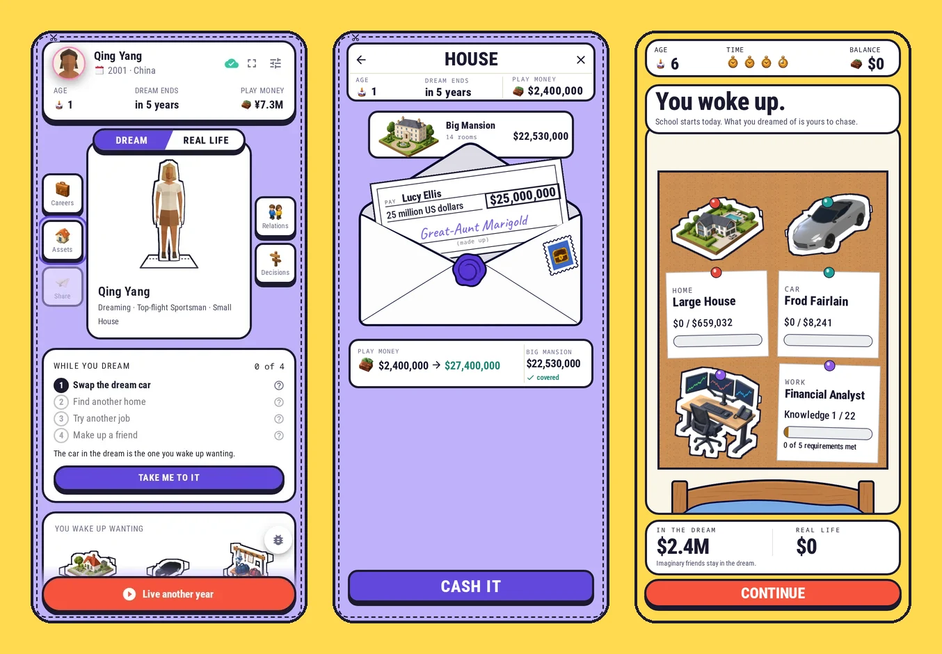 Three screens from a dream: a one-year-old dreaming of being a grown-up, a letter from a made-up great-aunt covering a mansion, and the corkboard of goals the child wakes up to at six
