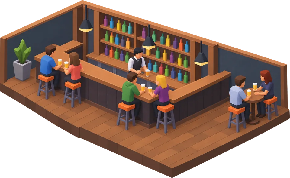 Diorama of a bar with people on stools and a barman pouring a beer