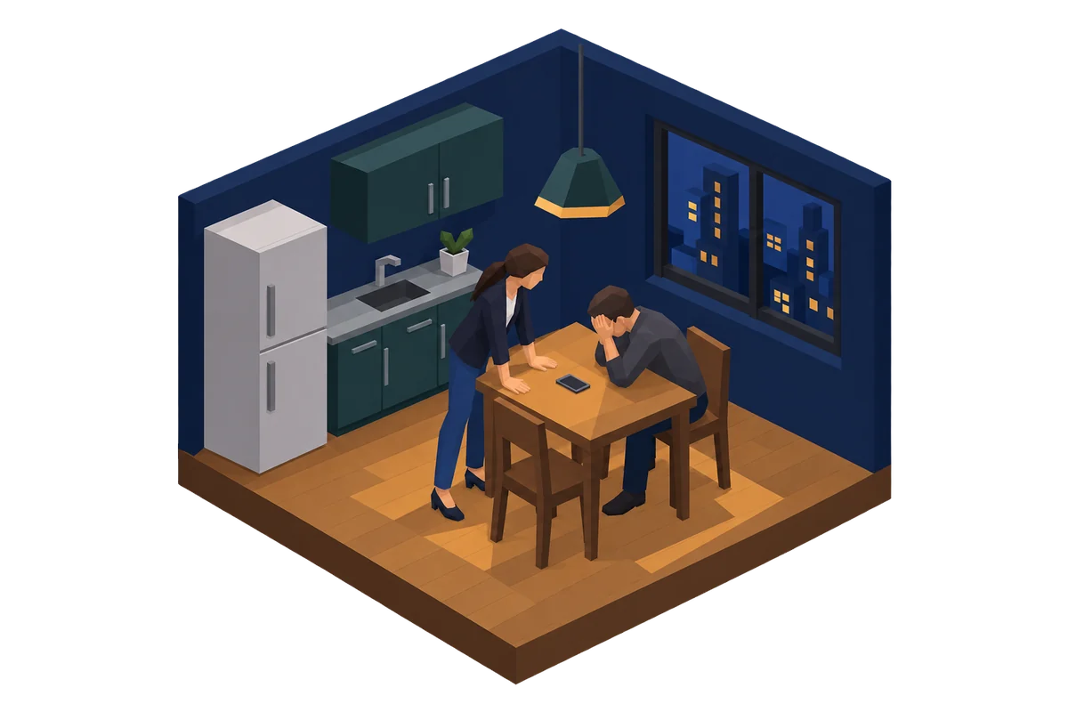 Diorama of a night kitchen: one partner leans over the table, the other holds their head, a phone between them