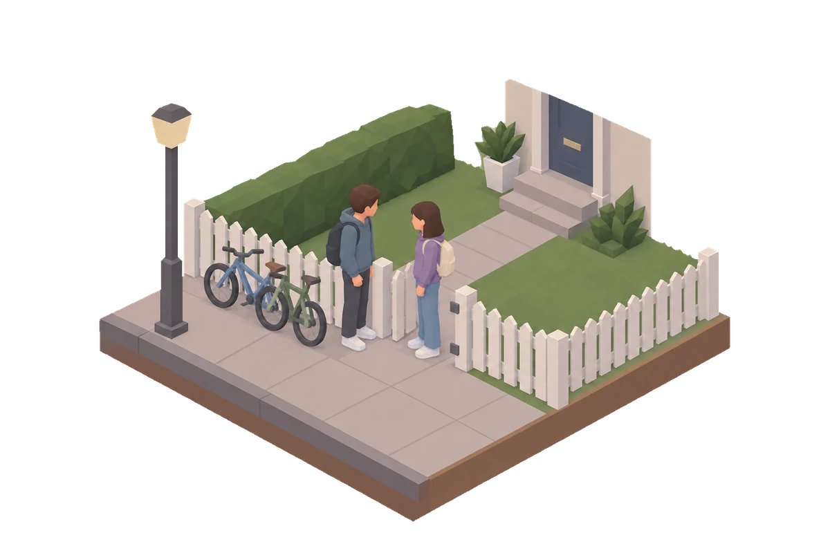 Diorama of two teenagers at a garden gate, their bikes by the fence