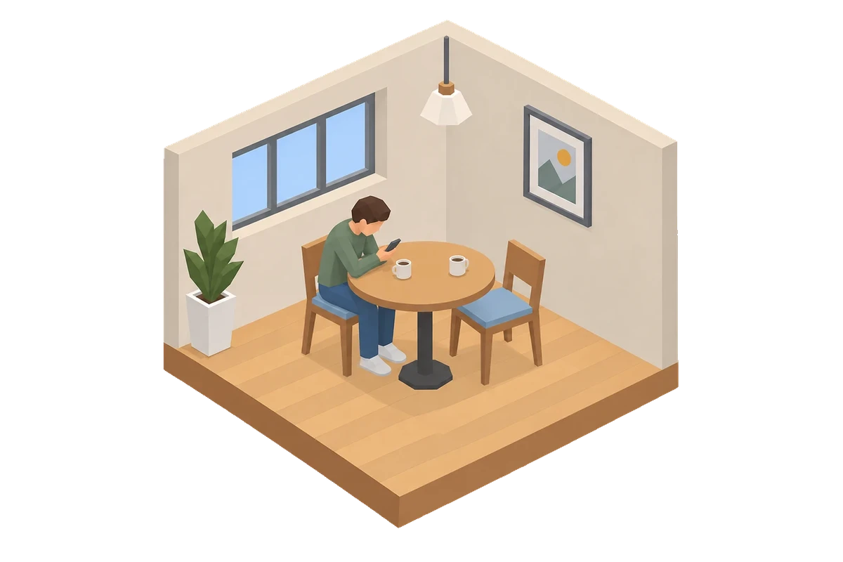 Diorama of a person alone at a table set for two, the other chair empty