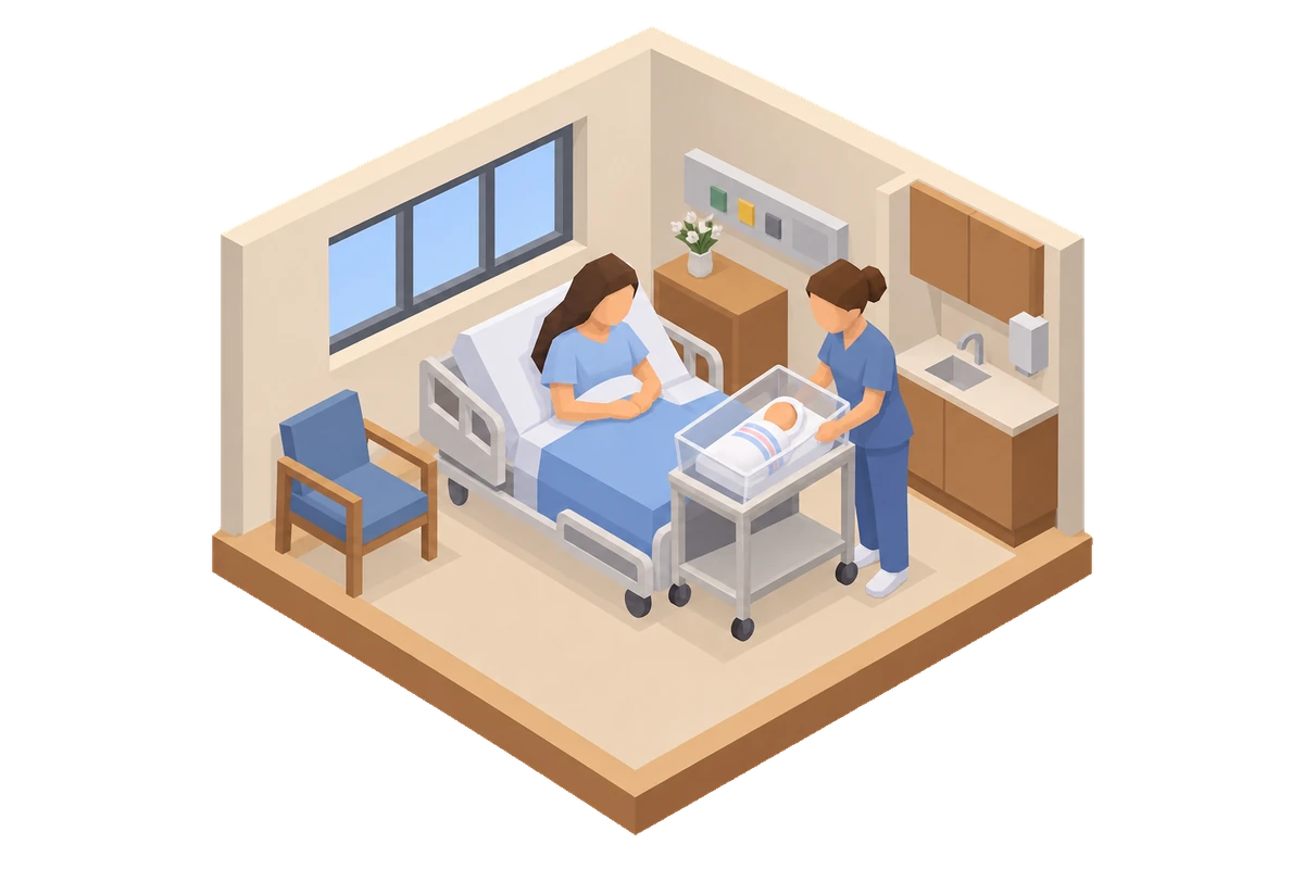 Diorama of a hospital room on the day a baby is born