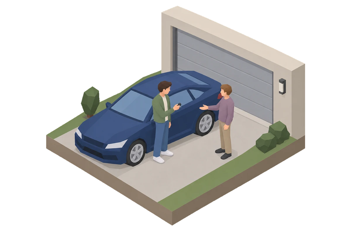 Diorama of two people on a driveway beside a blue car, one holding out the keys
