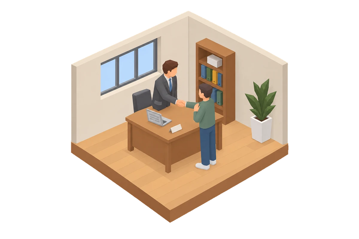 Diorama of an office, a manager shaking an employee's hand across a desk