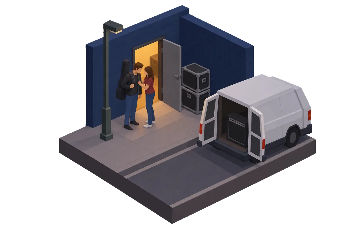Diorama of a musician and a fan at a stage door at night, a tour van open beside them