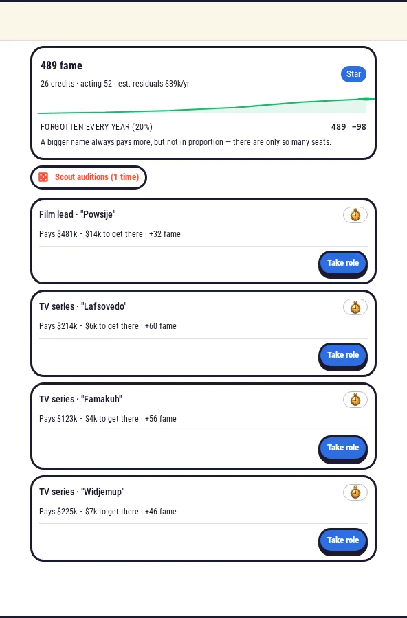 The Actor board in OpenLifeSim: 489 fame and Star status, 26 credits, $39k a year in residuals, a fifth of fame forgotten each year, and a film lead and three TV series on offer.