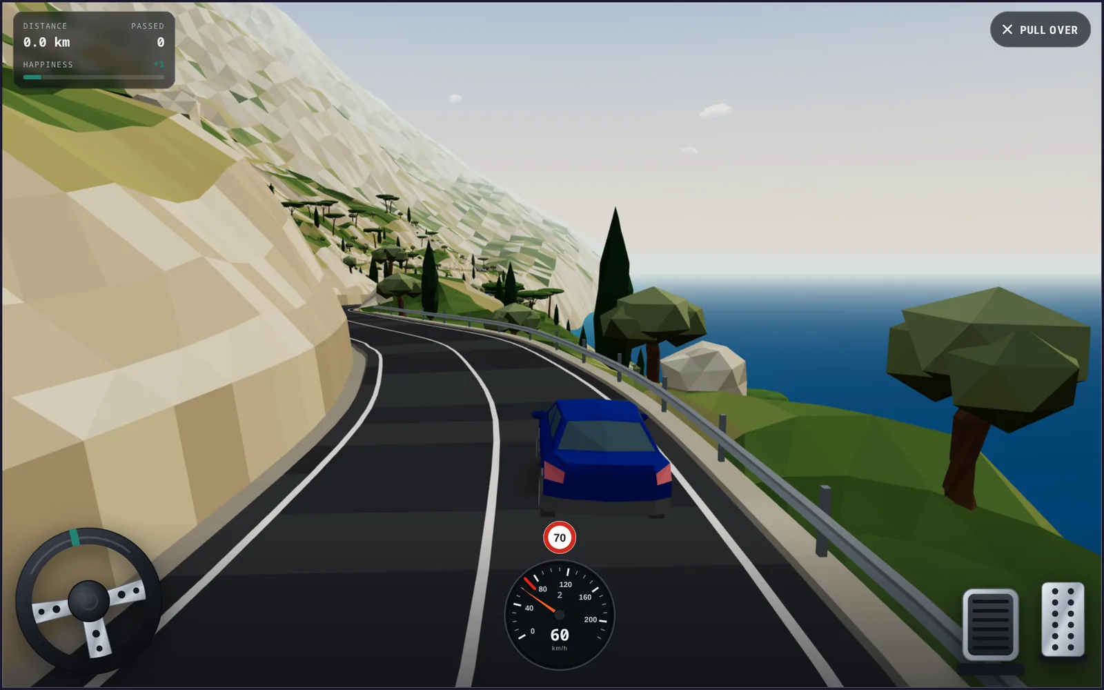 Screenshot: a blue low-poly saloon on a mountain road above the sea, speedometer, steering wheel and pedals on screen