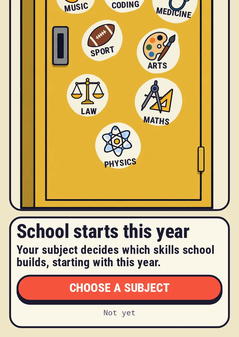 Screenshot: a yellow school locker covered in subject stickers, above School starts this year and a Choose a subject button