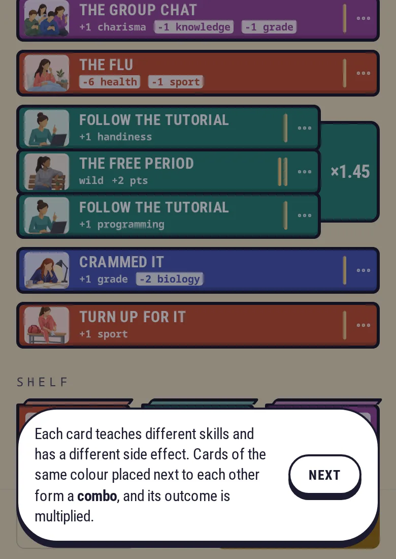 Screenshot: the study board with a run of three green cards marked times 1.45, and a guide line explaining combos