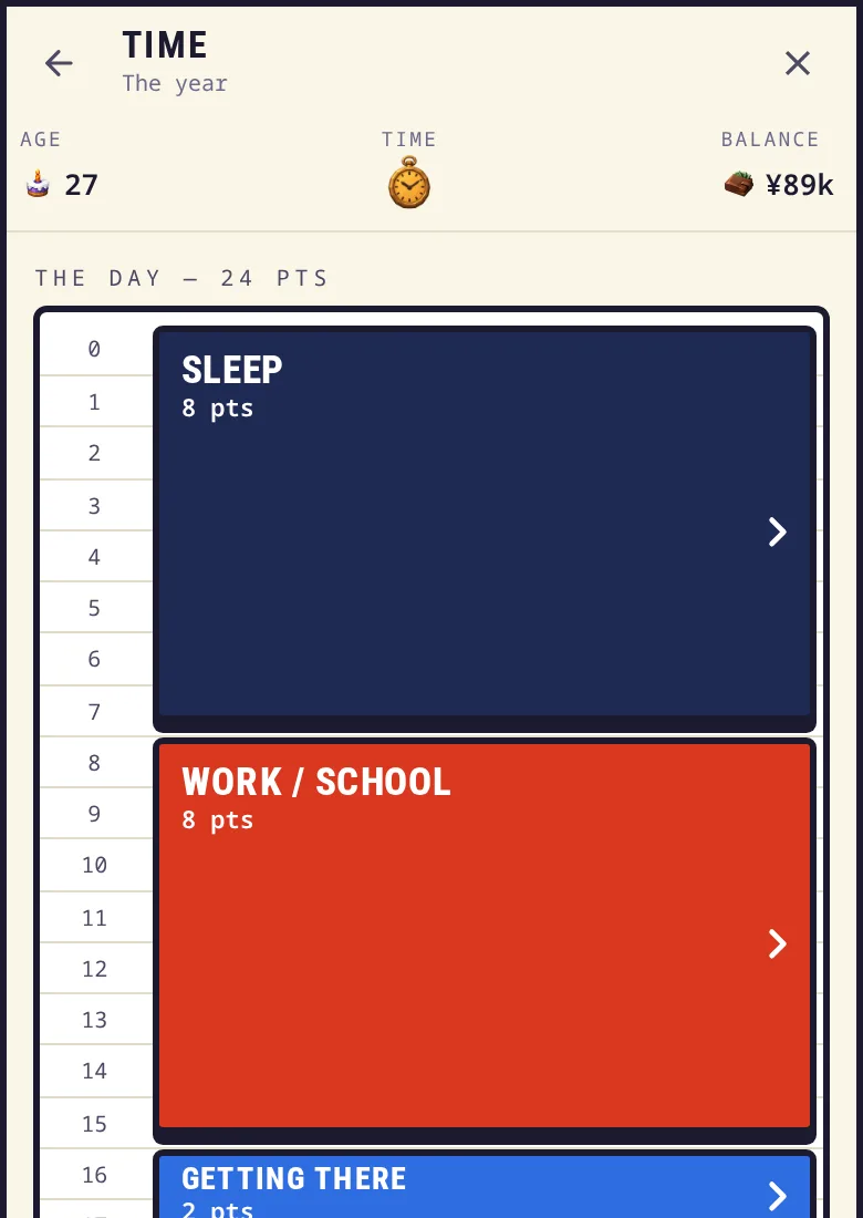 Screenshot: the Time page, the year drawn as one day of 24 hours, with blocks for sleep, work or school and getting there