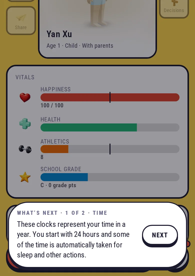 Screenshot: the main screen with a guide line under the clocks explaining that they are your time in a year, and a Next button
