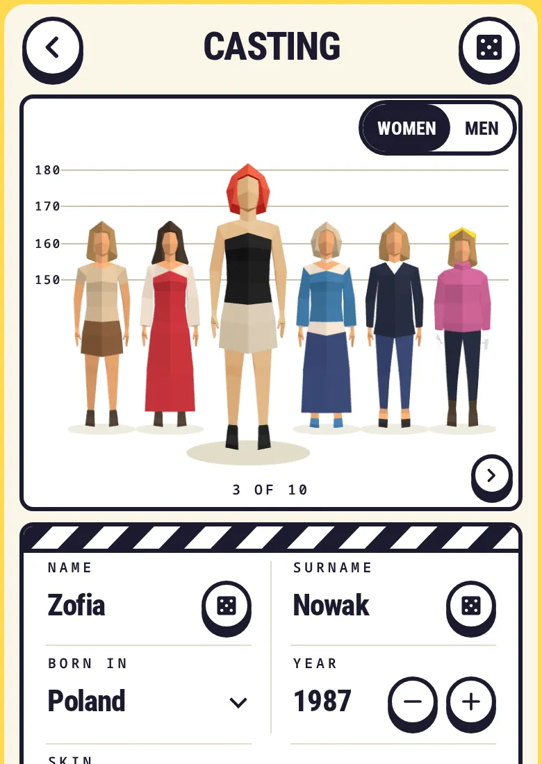 Screenshot: the Casting screen, six women in a line-up against a height chart with the red-haired one picked, and name, country and birth year below