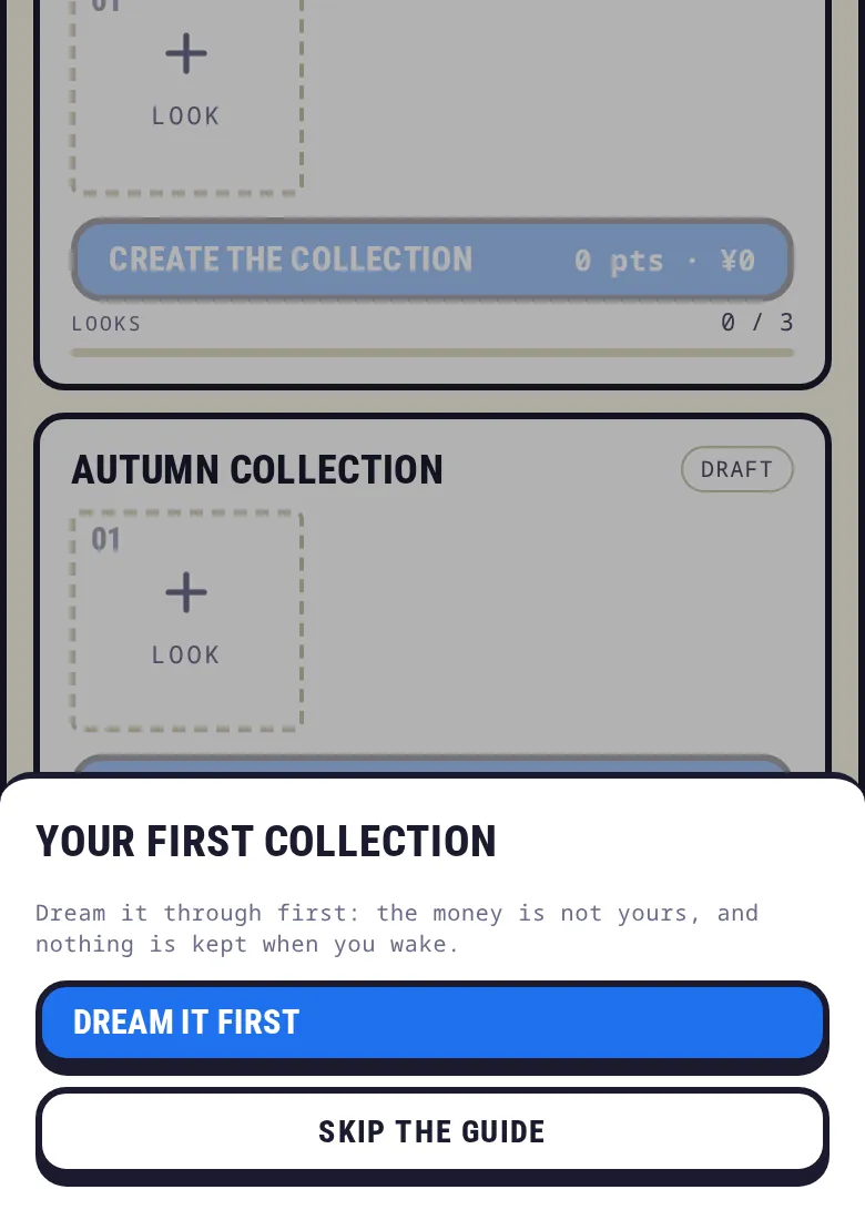 Screenshot: a sheet over the fashion career titled Your first collection, with Dream it first and Skip the guide buttons