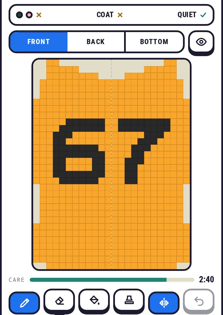 Screenshot: the design board, a 67 drawn in black pixels on an amber top, the ink palette below