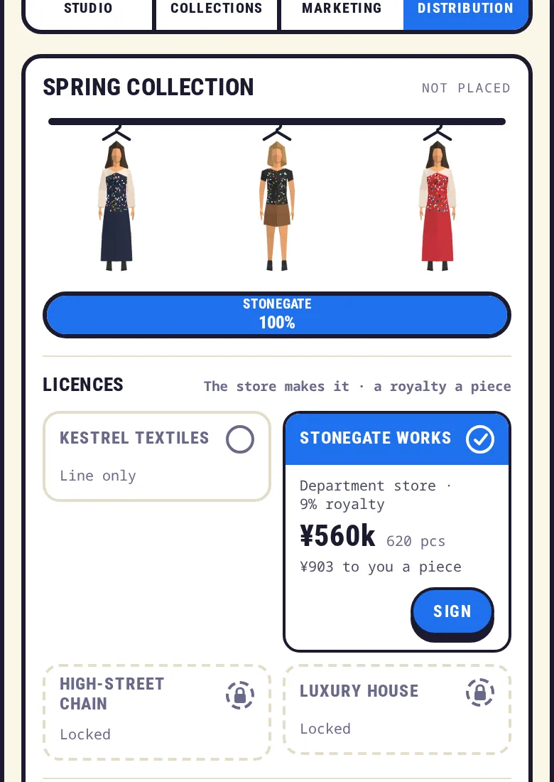 Screenshot: the Distribution room, three looks on a rail above a bar split between stores, and licence offers from stores as tiles
