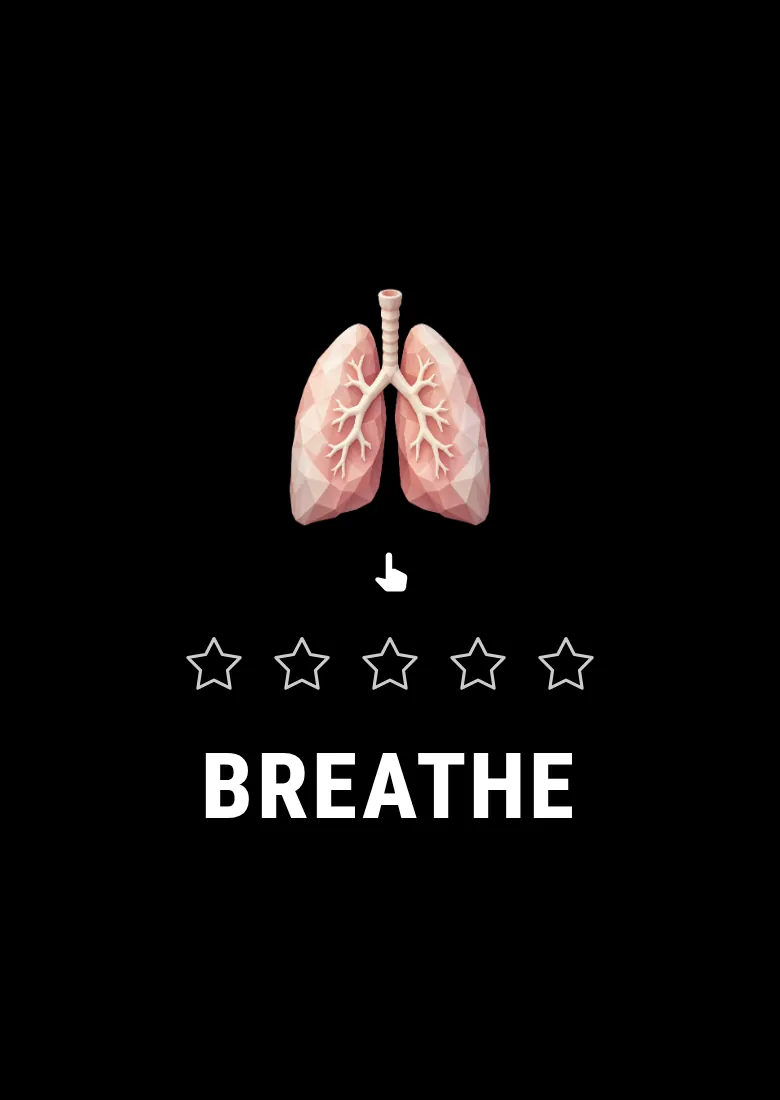 Screenshot: low-poly lungs on black, five empty stars and the word BREATHE