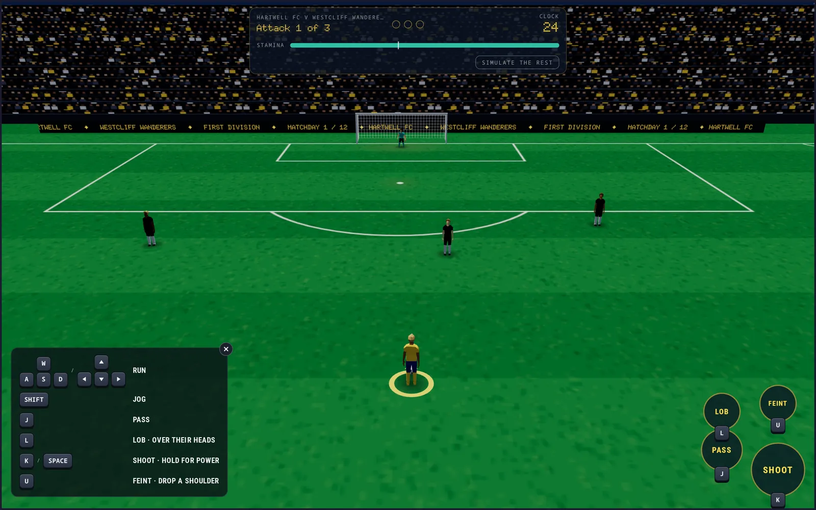 Screenshot: a 3D football match at night, the player in yellow running at goal in a full stadium, with the controls drawn as keyboard keys