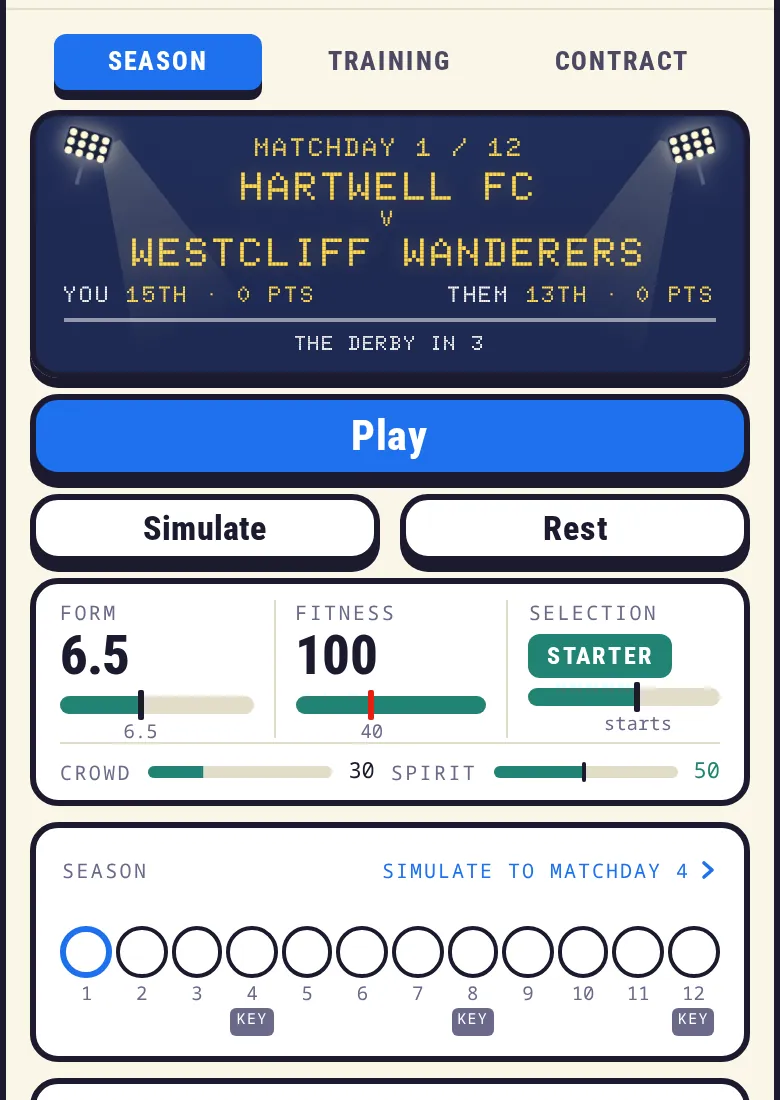 Screenshot: the Stadium Board, the next match on a night-blue scoreboard, Play, Simulate and Rest buttons, form, fitness and selection, and the season's twelve matchdays