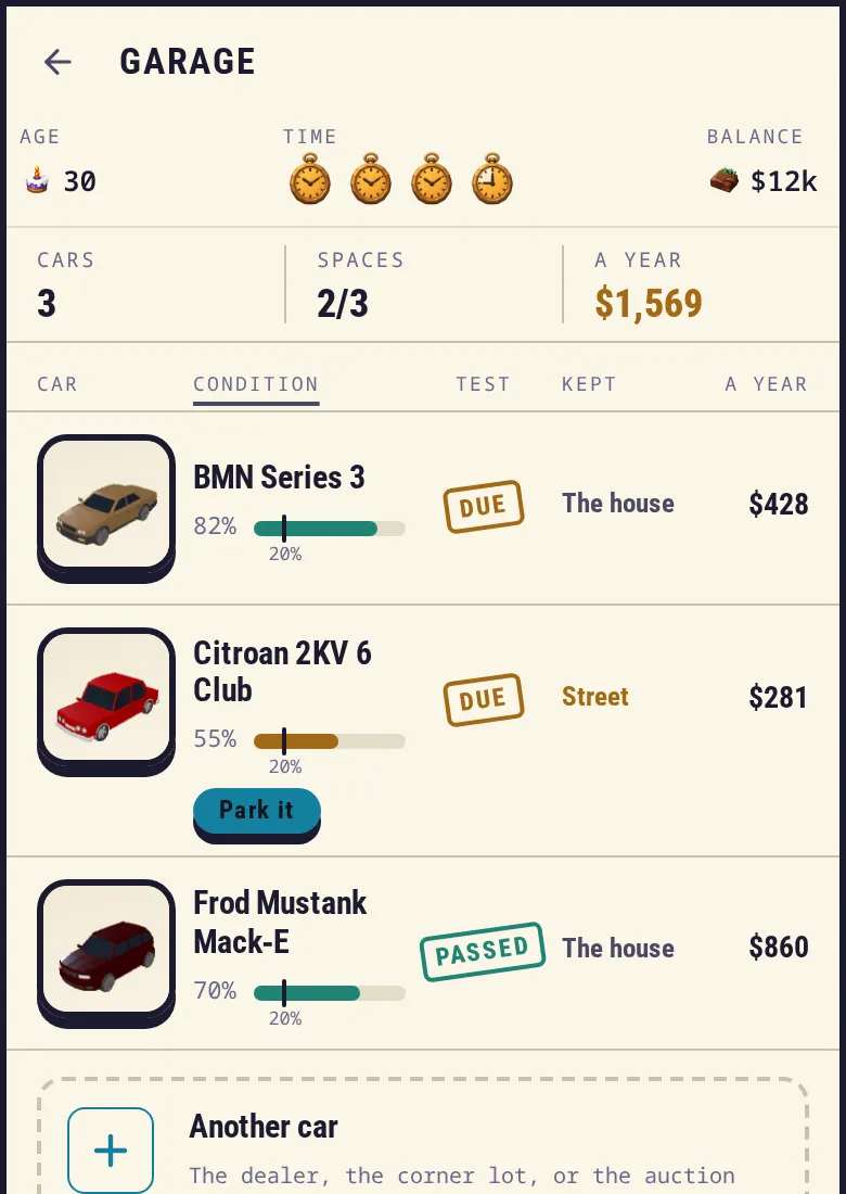 Screenshot: the Garage as a table of three cars with their condition, test and where they're kept