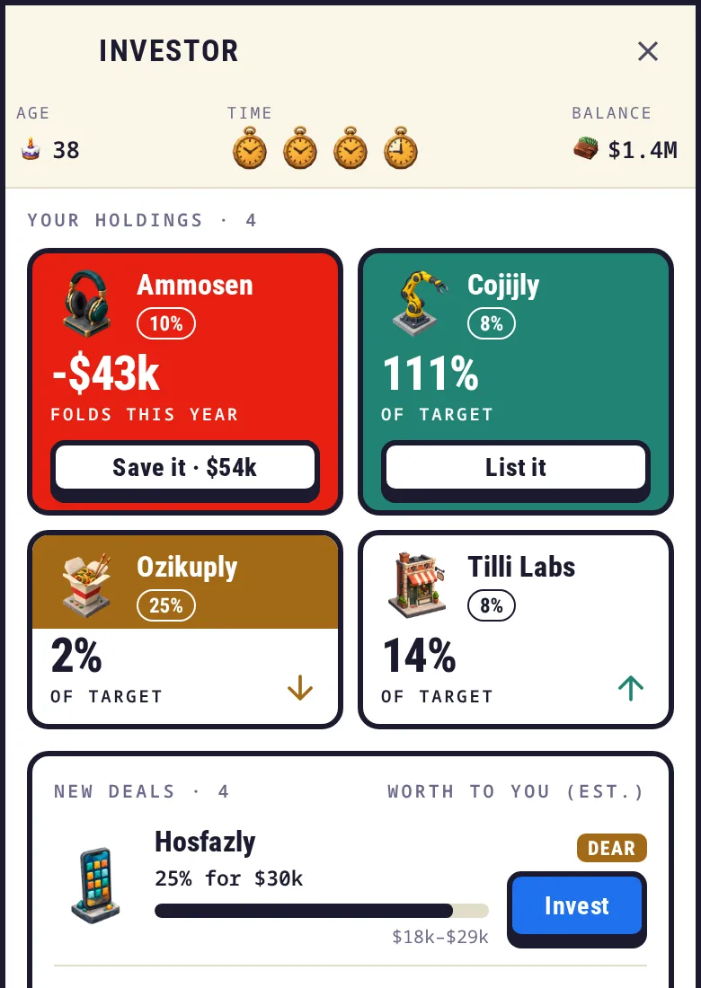 Screenshot: the Investor screen, four holdings as coloured tiles and new deals below