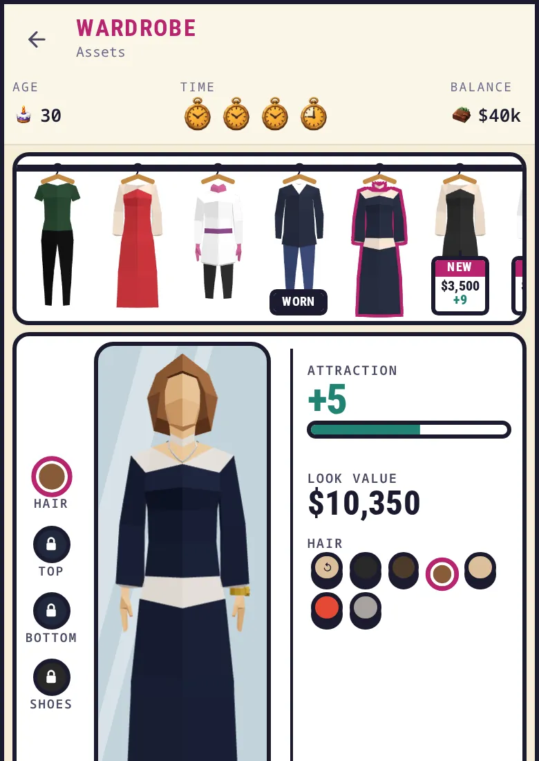 Screenshot: the Wardrobe, a rail of outfits above a mirror with a woman in a navy silk outfit, attraction plus 5 and a look value